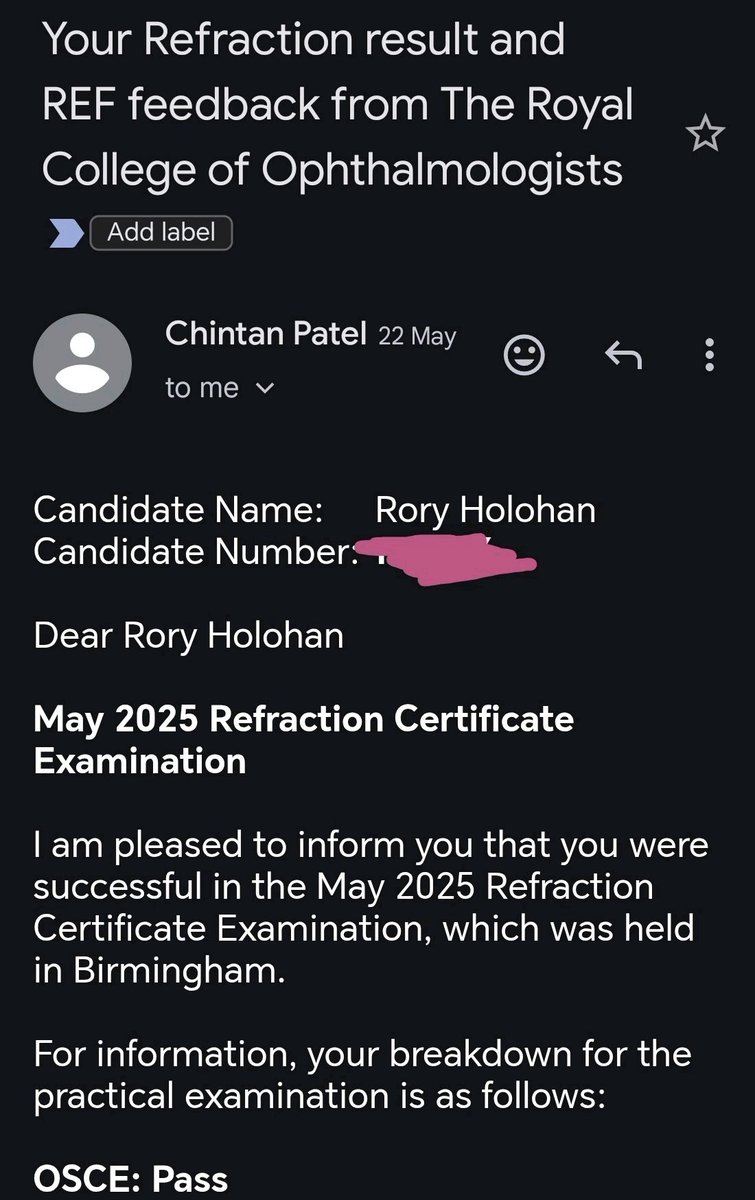Delighted to say I've passed the Refraction Certificate exam with the Royal College 🤓 

I'm one for leaving results on delivered whilst enjoying time off so opening it this late from May was a nice surprise. Halfway to Fellowship completion ✅