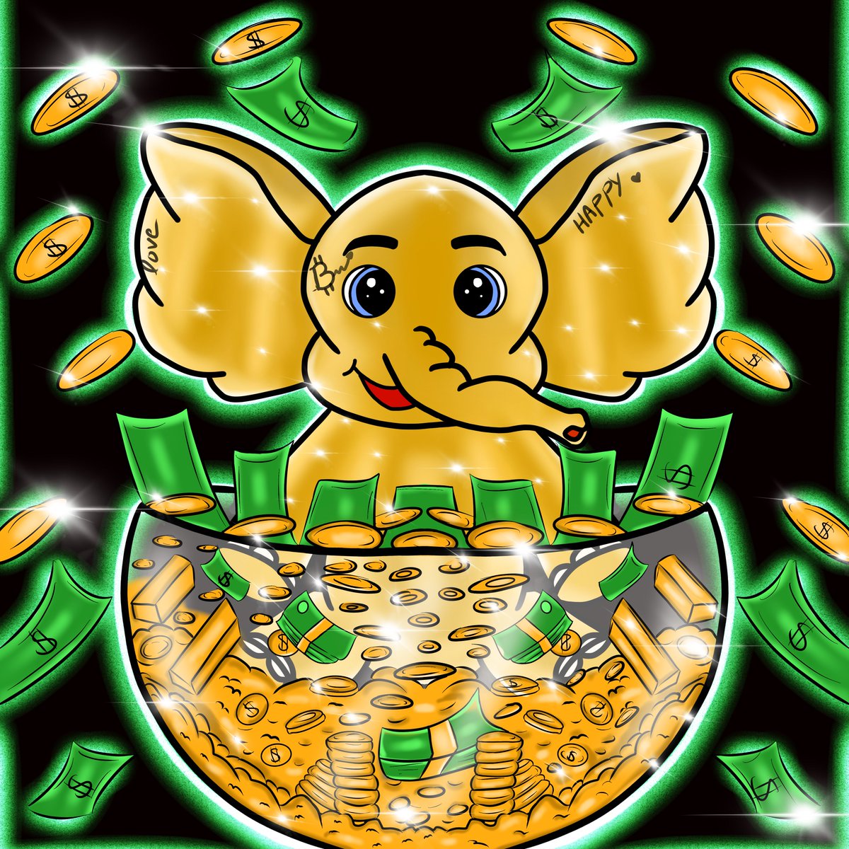 NEW DROP !!! 🤩💛

New  baby Elephant with not only Gold Skin but also Gold coins and Gold Bars  is now available on opensea !!🔥

I’m in love with the details !!! I enjoyed drawing this theme !!! 🩷it’s for Gold skin lovers !!!  

Who will own it ? 🙀 

opensea.io/item/matic/0x6…