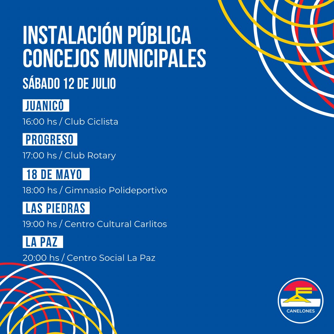 🔴🔵⚪️ Instalación pública de los Concejos Municipales.

Estaremos acompañando a los compañeros y compañeras que asumen como Concejales y Alcaldes/as

🗓️ Sábado 12 de julio