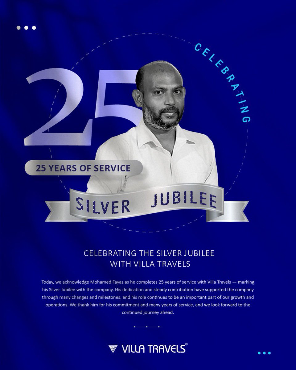 Today we celebrate Mohamed Fayaz’s 25 years with Villa Travels — a true Silver Jubilee! From starting at 20 as an Assistant Sales Processing Officer to becoming our Station Manager – Ground Handling, his journey has been inspiring. Thank you, Fayaz! 🙌✈️ #SilverJubilee