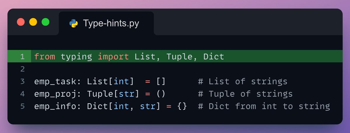 في بايثون، إحنا مش مجبرين نحدد نوع المتغير (زي int أو str) وقت تعريفه لكن بتعمل مشاكل لما يكبر المشروع، زي:
✔ صعوبة فهم الكود
✔ أخطاء بتظهر وقت التشغيل بدل ما تنكشف وقت الكتابة

💡 ومن هنا إجا مفهوم Type Hinting طريقة نوضح فيها نوع المتغيرات أو القيم اللي الدالة بتتعامل معها،