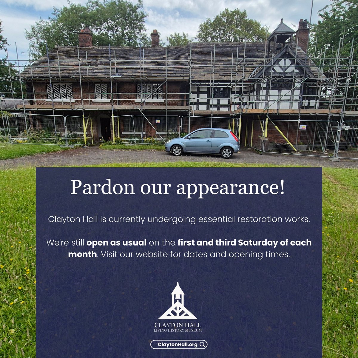 Clayton Hall Living History Museum (@claytonhalluk) on Twitter photo Clayton Hall is undergoing some important restoration works—please excuse the appearance!
🗓We’re open as usual on Saturday 19th July (last entry 3pm).
🔍Visit claytonhall.org
Thanks to <a href="/ManCityCouncil/">Manchester City Council</a> for all their help and support. Clayton Hall is undergoing some important restoration works—please excuse the appearance!
🗓We’re open as usual on Saturday 19th July (last entry 3pm).
🔍Visit claytonhall.org
Thanks to <a href="/ManCityCouncil/">Manchester City Council</a> for all their help and support.