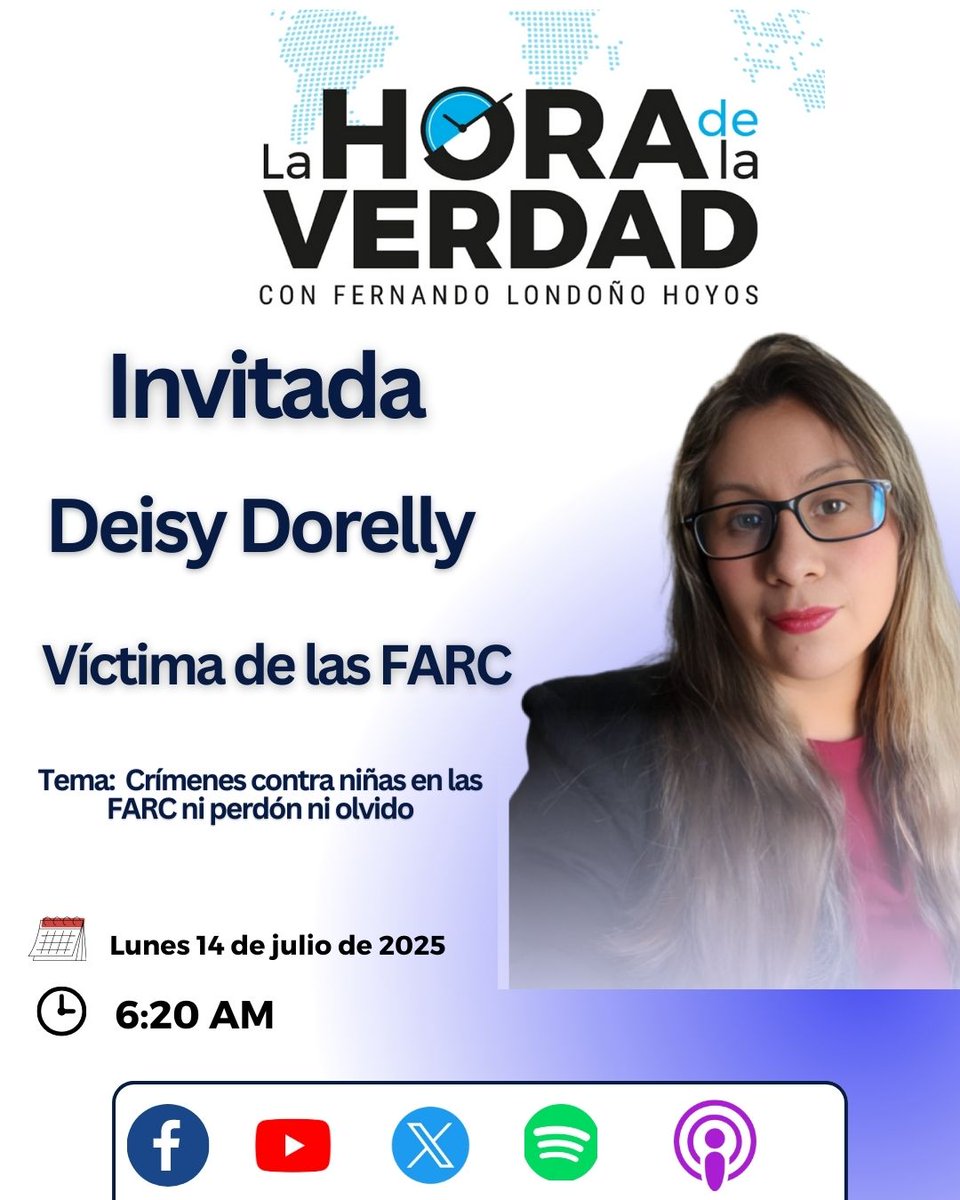 La Hora de La Verdad (@horadelaverdad) on Twitter photo #Entrevista 14 de julio a las 6:20 AM, Deisy Dorelly <a href="/DeisyDorelly/">deisy dorelly</a> - Víctima de las FARC, quien nos hablará sobre los crímenes contra niñas en las FARC, ni perdón ni olvido
Escúchenos en:
YT
lc.cx/y9g7Cu
FB
lc.cx/o33HfN #Entrevista 14 de julio a las 6:20 AM, Deisy Dorelly <a href="/DeisyDorelly/">deisy dorelly</a> - Víctima de las FARC, quien nos hablará sobre los crímenes contra niñas en las FARC, ni perdón ni olvido
Escúchenos en:
YT
lc.cx/y9g7Cu
FB
lc.cx/o33HfN
