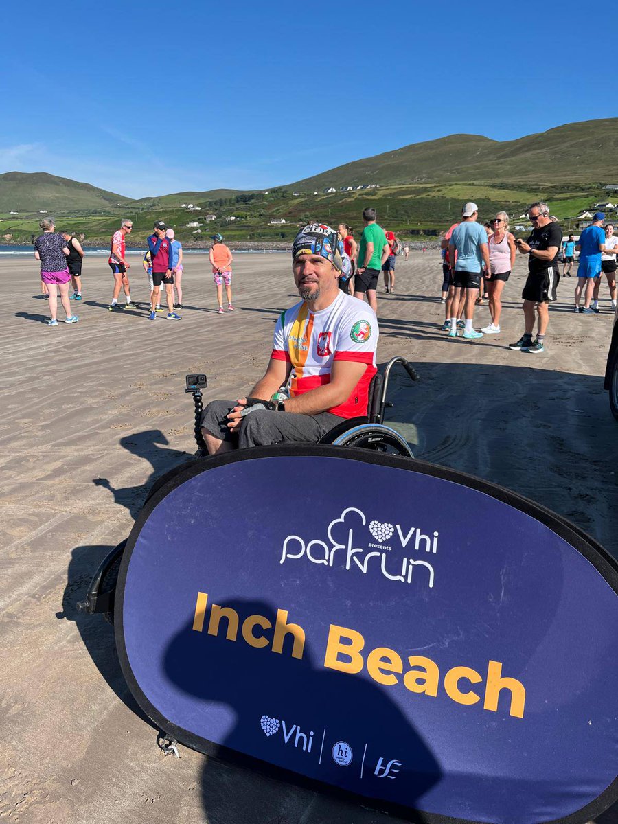 WheelchairTrave's tweet photo. The last of all four beach parkruns in Ireland ✅ 
It's the easiest one to do in a wheelchair (with a freewheel, at least!).
And with the weather like today (24°C at 9 AM!), it was super fun with the waves afterwards in hippocampe beach #wheelchair #InchBeach
Video to follow! https://t.co/ChPy0Ug4Lw