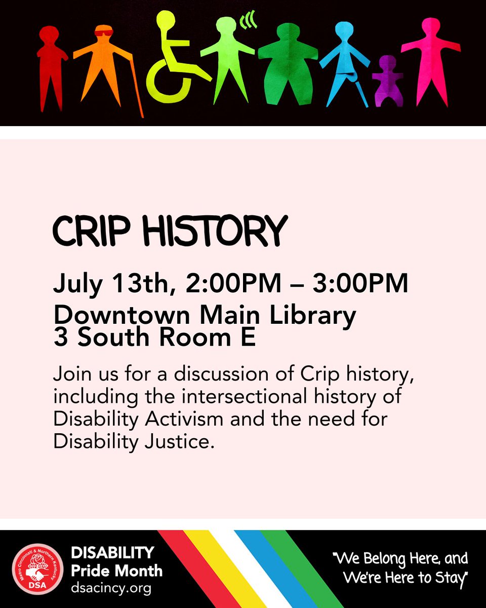 Our Crip History event has been rescheduled to July 13th at 2 PM at the Downtown Library. We apologize for the short notice and inconvenience and hope to see you tomorrow! And if you want to connect with DSA Cincy today, we are still excited to see you at our social tonight!