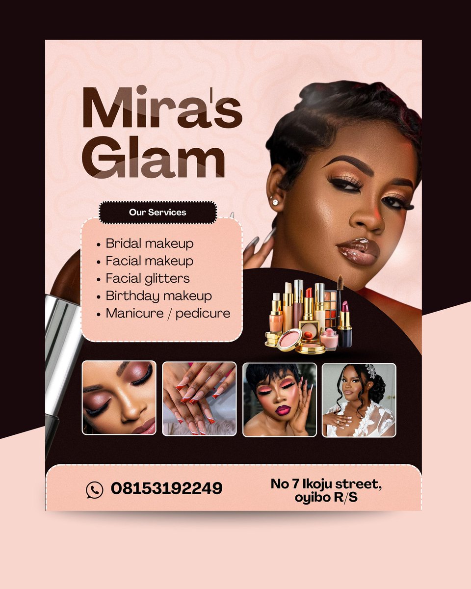 clebless's tweet image. I worked on this design for Mira’s Glam .
The goal was to create something clean, feminine, and clear enough to help beauty clients understand what she offers at a glance.
Inspiration from @brightconceptgd
How did I do?