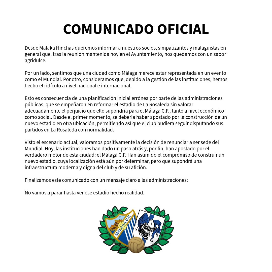Comunicado oficial sobre la renuncia de Málaga a la sede del mundial 2030.