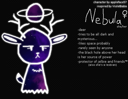 appleface57's tweet image. new oc her name is Nebula
she is a very powerful lesbian space deer
no i didnt stutter
inspired by @Violet_Baba08