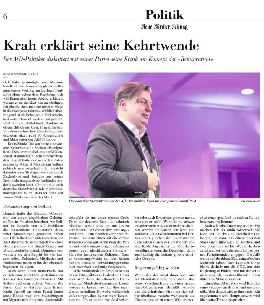 RaderLu's tweet image. Ich glaube dem AfD-Krah seine Kehrtwende ja keine Sekunde, aber es ist interessant zu beobachten, wie ein drohendes und verfassungsmäßig zulässiges Verbot einer demokratiegefährdenden Partei wirken kann.
(Neue Zürcher Zeitung)
