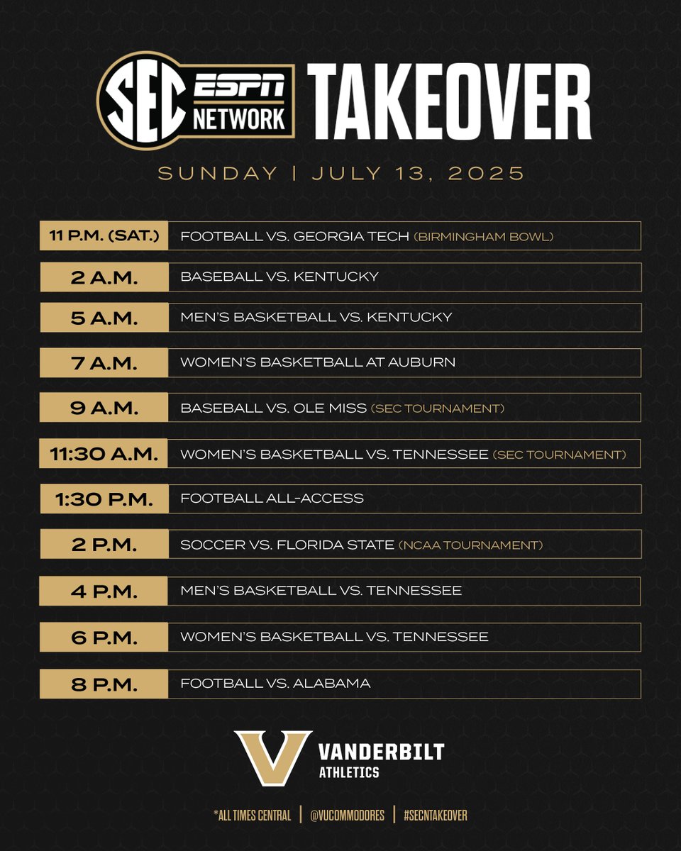 Vanderbilt Athletics (@vucommodores) on Twitter photo Dores all day long โฌ๏ธ
Be sure to tune in to the <a href="/SECNetwork/">SEC Network</a> for our takeover starting at 11 p.m. CT! Dores all day long โฌ๏ธ
Be sure to tune in to the <a href="/SECNetwork/">SEC Network</a> for our takeover starting at 11 p.m. CT!