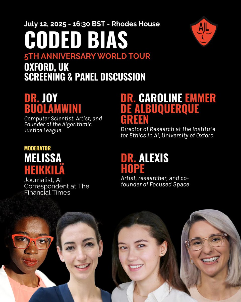 AJLUnited's tweet image. 🚨 HAPPENING NOW! #CodedBiasWorldTour hits Oxford, England! 🇬🇧
📍 Rhodes House, @UniofOxford
🕐 Doors 16:30 BST
Join us for the award-winning documentary screening followed by panel discussion + Q&A with our incredible lineup:
🌟 AJL Founder Dr. Joy Buolamwini (@jovialjoy)
🌟…