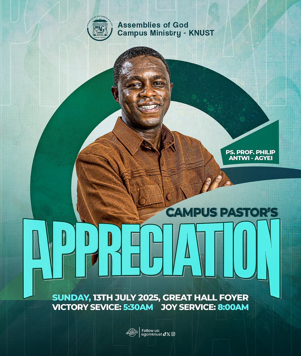 agcmKNUST's tweet photo. You are invited to come and stay connected under the unaltered Word of God.
Theme:The Heart of a True Shepherd
Minister: Pastor Emmanuel Owusu
Venue:Great Hall Foyer

Kindly look at the flyer for more details of the services.

Labour Hour is part of worship. https://t.co/vtUIFx827o