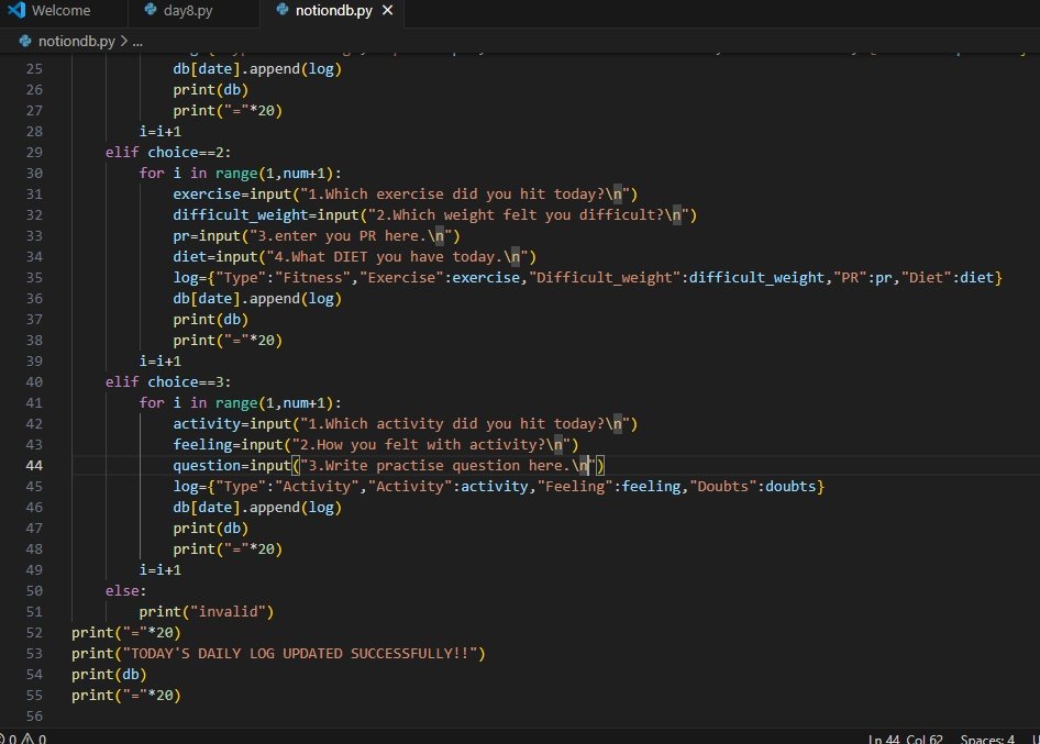 GaganCommits's tweet photo. 🕺Day 09 oh Python.
Built my own daily log database in Python today!
Tracks Learning 📘, Fitness 💪, and Activities 🎨
One code, multiple use cases – and all saved date-wise 🗂️

Used: while loops, dictionaries, and clean CLI prompts 🧠
#PyByGagan #30daysofcode #pythonlearning https://t.co/5bMMRNVrCf