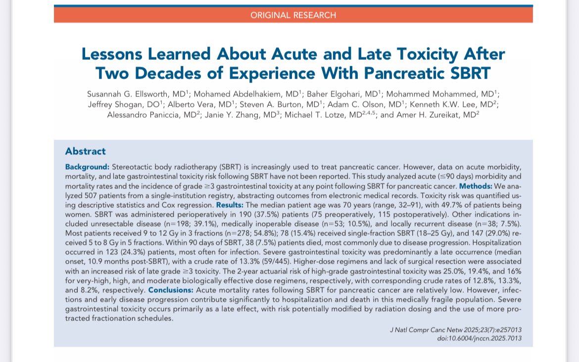 Erman Akkus (@erman_akkus) on Twitter photo ☢️Pancreatic SBRT and toxicity
<a href="/JNCCN/">Journal of the @NCCN</a>
➡️2 decades, 507 patients
🚨Early (90days) toxicity: Infection
❗️Severe GI toxicity: late ( median 10.9 mo) ➡️ dose related
👉jnccn.org/view/journals/…
#cancer #oncology #pancreatic #MedX <a href="/OncoAlert/">OncoAlert</a> <a href="/5_utr/">M. Bolton</a> <a href="/NiuSanford/">Dr. Nina Niu Sanford</a> <a href="/jryckman3/">Jeff Ryckman</a> ☢️Pancreatic SBRT and toxicity
<a href="/JNCCN/">Journal of the @NCCN</a>
➡️2 decades, 507 patients
🚨Early (90days) toxicity: Infection
❗️Severe GI toxicity: late ( median 10.9 mo) ➡️ dose related
👉jnccn.org/view/journals/…
#cancer #oncology #pancreatic #MedX <a href="/OncoAlert/">OncoAlert</a> <a href="/5_utr/">M. Bolton</a> <a href="/NiuSanford/">Dr. Nina Niu Sanford</a> <a href="/jryckman3/">Jeff Ryckman</a>