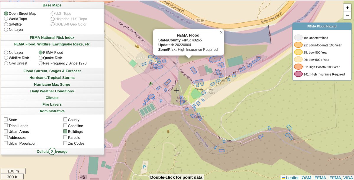 A look at #CampMystic building footprints and their placement in <a href="/fema/">FEMA</a>  flood zones.  #KerrCounty flood data was last revised on Aug 4, 2022. The vast  majority of buildings are in a 'High, Insurance Required' zone, the  highest level.
femafhz.com/map/30.009188/…