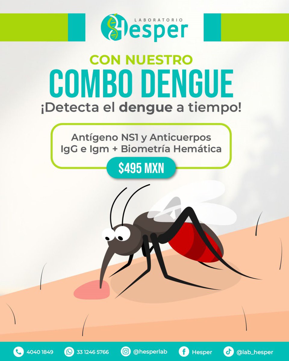 Hesperlab's tweet image. ¡𝐓𝐮 𝐬𝐚𝐥𝐮𝐝 𝐧𝐨 𝐞𝐬𝐩𝐞𝐫𝐚, 𝐲 𝐞𝐥 𝐝𝐞𝐧𝐠𝐮𝐞 𝐭𝐚𝐦𝐩𝐨𝐜𝐨! 🦟 

En 𝗟𝗮𝗯𝗼𝗿𝗮𝘁𝗼𝗿𝗶𝗼 𝗛𝗲𝘀𝗽𝗲𝗿 sabemos que cada minuto cuenta cuando se trata de prevenir 🔬

Combo Dengue: 
🔬 Antígeno NS1 
🧪 Anticuerpos IgG e IgM 
💉 Biometría Hemática