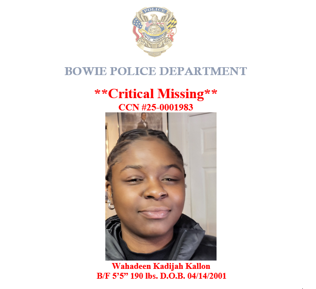 🚨Critical Missing : Wahadeen Kadijah Kallon. bowie.fyi/bpdbolo
Reported missing on July 11, 2025, at approximately 9:13 PM. Ms. Kallon was last observed in the 6000 block of Joseph Scott Drive, Elkridge, MD, on July 8, 2025.
Anyone with information regarding this incident