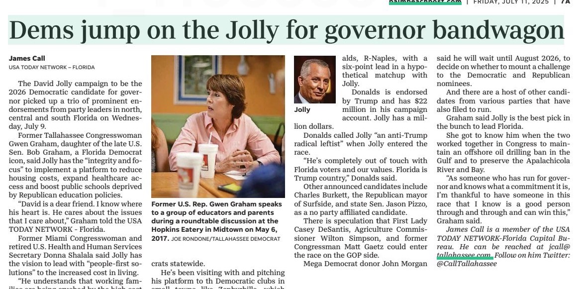 davidjollyfl's tweet image. We're unifying to win! Thanks to the @pbpost for covering a week of great momentum for our campaign.
