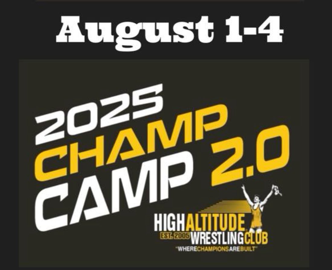 20th Annual High Altitude Wrestling Camps at Wesley Woods Camp &amp; Retreat Center in Indianola, Iowa! 

More info and to sign up:
…ltitudewrestlingcamps.ryzerevents.com