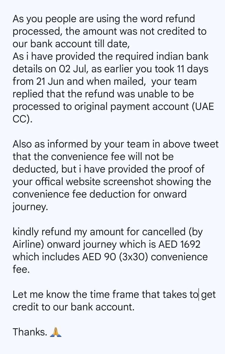 AppireddyTamma's tweet photo. @AirIndiaX @AirIndiaX don't blatantly lie in public pltfrm.
See photo for ref.
Rfnd amnt sh'ld be AED 1692.
180 is shwn dedction for Conv fee, where as 90 (3x30) sh'ld be rfnded for onwrd canclation and 90 to be hold as my rtrn jrny tkt is still active nd want to trvl on same PNR
@MoCA_GoI https://t.co/Tvva5f0ami