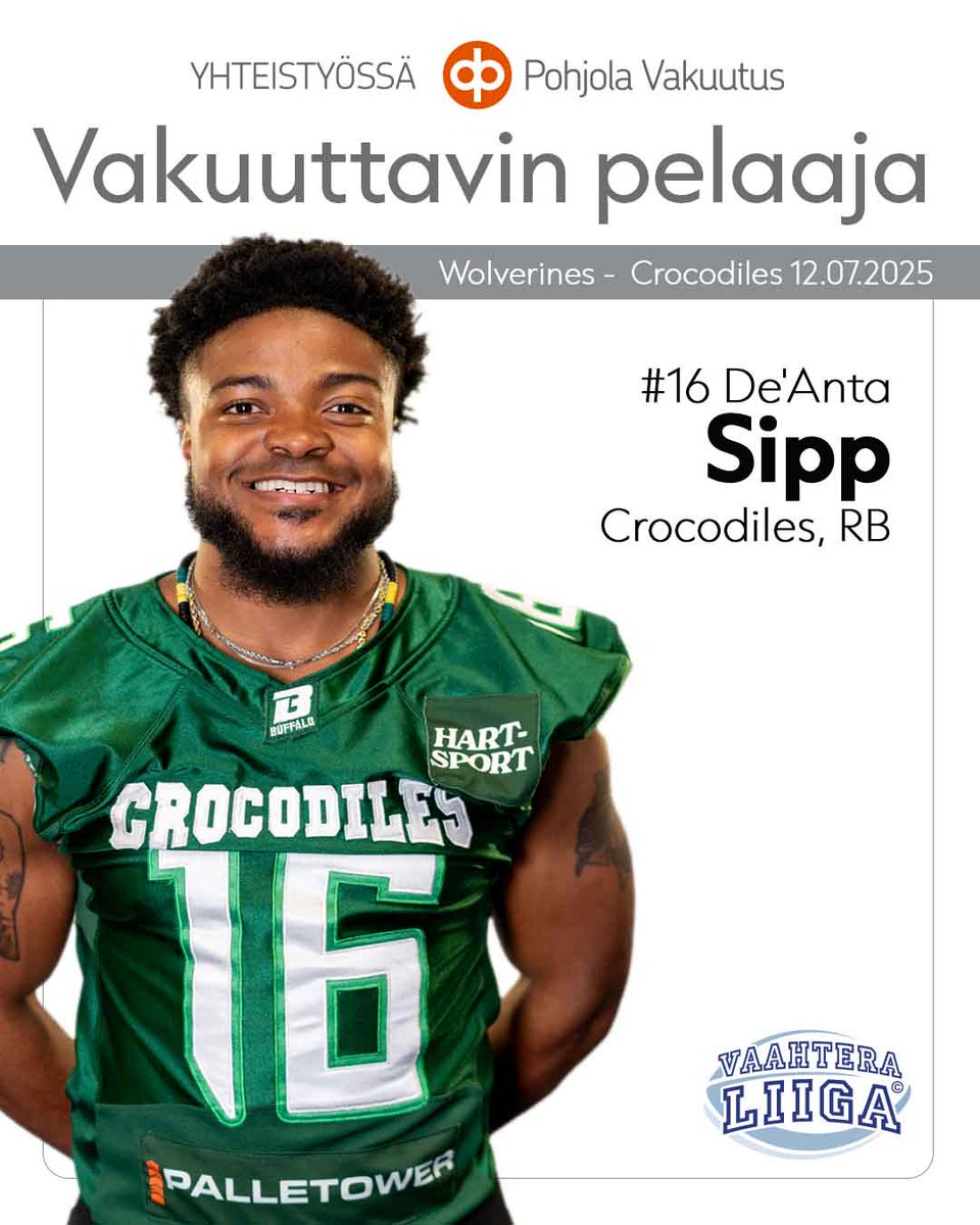 Vaahteraliiga (@vaahteraliiga) on Twitter photo <a href="/Crocodilesoffic/">Seinäjoki Crocodiles</a> nollasi <a href="/WolverinesAF/">Helsinki Wolverines</a> Velodromilla lukemin 0–34. <a href="/PohjolaVakuutus/">OP Pohjola</a> palkitsi ottelun vakuuttavimpana pelaajana jo toista kautta tällä kaudella Crocodiles keskushyökkääjä De'Anta Sippin, jolle pelissä 231 juoksujaardia ja neljä touchdownia. Congrats De'Anta 🏈 <a href="/Crocodilesoffic/">Seinäjoki Crocodiles</a> nollasi <a href="/WolverinesAF/">Helsinki Wolverines</a> Velodromilla lukemin 0–34. <a href="/PohjolaVakuutus/">OP Pohjola</a> palkitsi ottelun vakuuttavimpana pelaajana jo toista kautta tällä kaudella Crocodiles keskushyökkääjä De'Anta Sippin, jolle pelissä 231 juoksujaardia ja neljä touchdownia. Congrats De'Anta 🏈