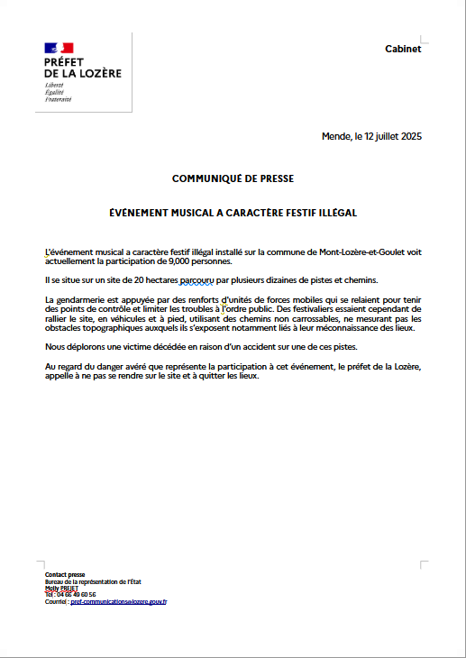 Prefet_48's tweet image. Événement musical à caractère festif illégal
L'événement musical a caractère festif illégal installé sur la commune de Mont-Lozère-et-Goulet voit actuellement la participation de 9,000 personnes.
Il se situe sur un site de 20 hectares parcouru par plusieurs dizaines de pistes…