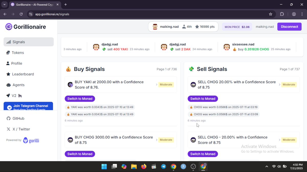 Another on the list of dApps I love to use on Monad is <a href="/gorillionaireAI/">gorillionaire</a> 

> Gorillionaire gives you access to AI trading insights for you to trade better and smarter. You basically trade AI signals there.

Currently on the <a href="/monad_xyz/">Monad</a> testnet, there are 50 - 100+ signals being