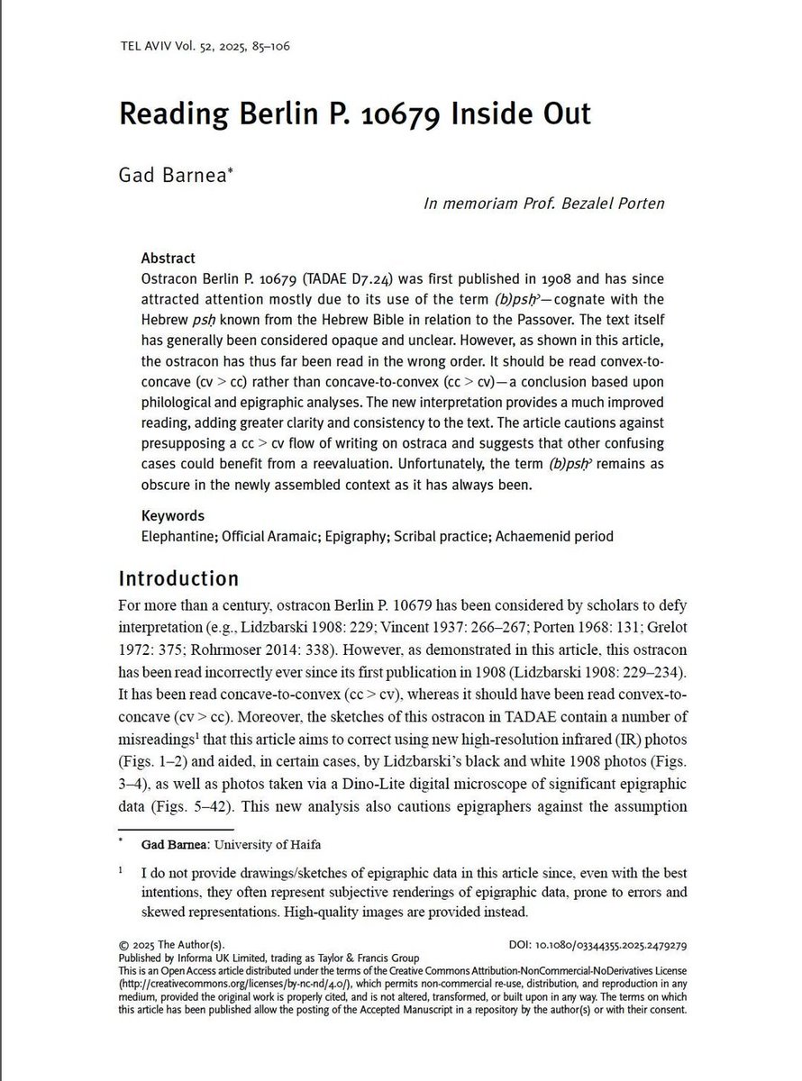 gbarnea's tweet image. Open Access!
My article "Reading Berlin P. 10679 Inside Out" is finally available in open-access in Tel Aviv (the journal): tandfonline.com/.../10.../0334…
This article is a detailed epigraphic analysis and republication of Berlin P. 10679 (TADAE D7.24), which I studied in the…
