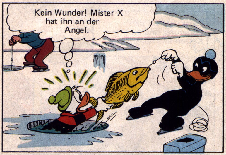 donald_org's tweet photo. Wer ist Mister X? In Entenhausen ein schwarzgewandeter Maskierter, der immer die dicksten Fische an Land zieht. Hinter seinem sagenhaften Erfolg stehen unlautere Methoden. Die D.O.N.A.L.D. verabschiedet sich von Twitter. https://t.co/wQJbpJ93Cr