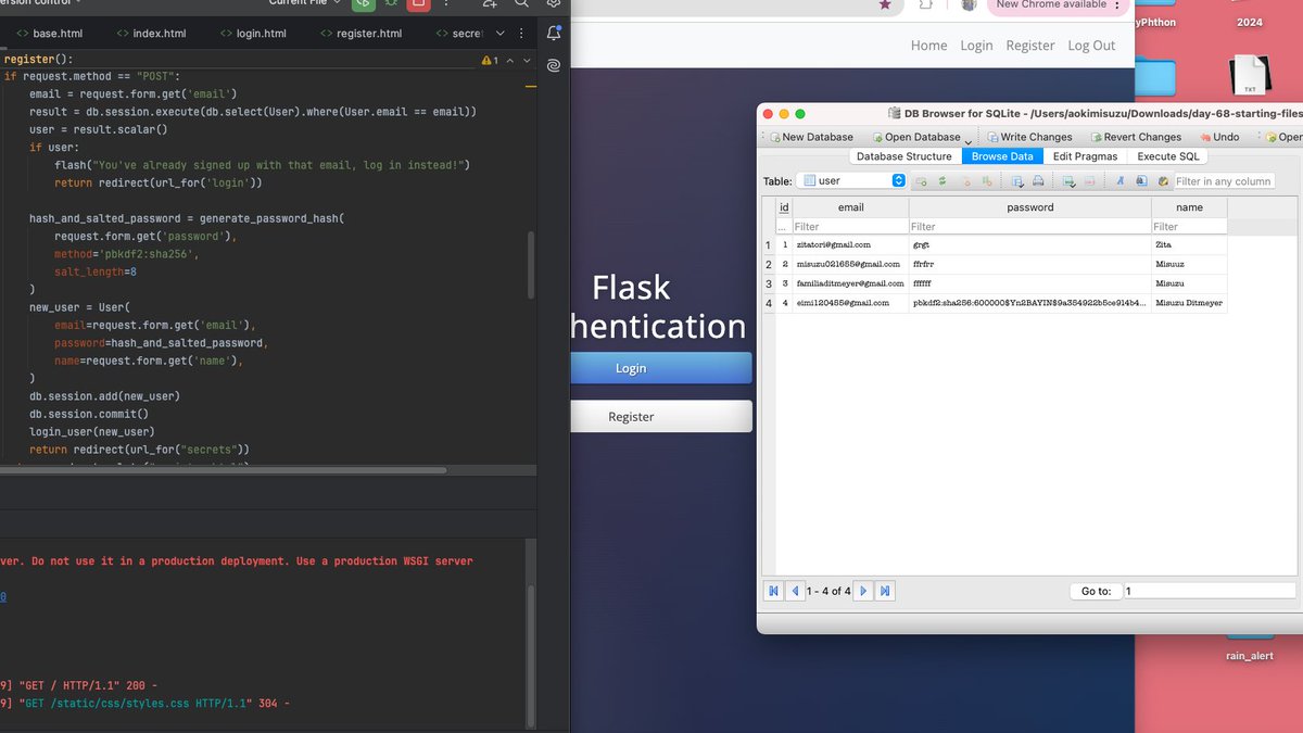 Day 68 of #100DaysOfCode 

Password Secure using werkzeug to SQLite database
hash &amp; salted password(more secure)
For protecting from Hacking