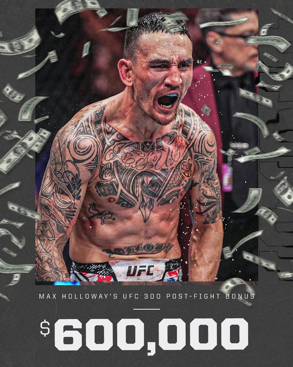 Max Holloway made more than half a million dollars for his last second knockout against Justin Gaethje last year 🤯

UFC bonuses were raised from $50,000 to $300,000 in honor of UFC 300. Holloway won both Fight of the Night and Performance of the Night 💰 #UFC318