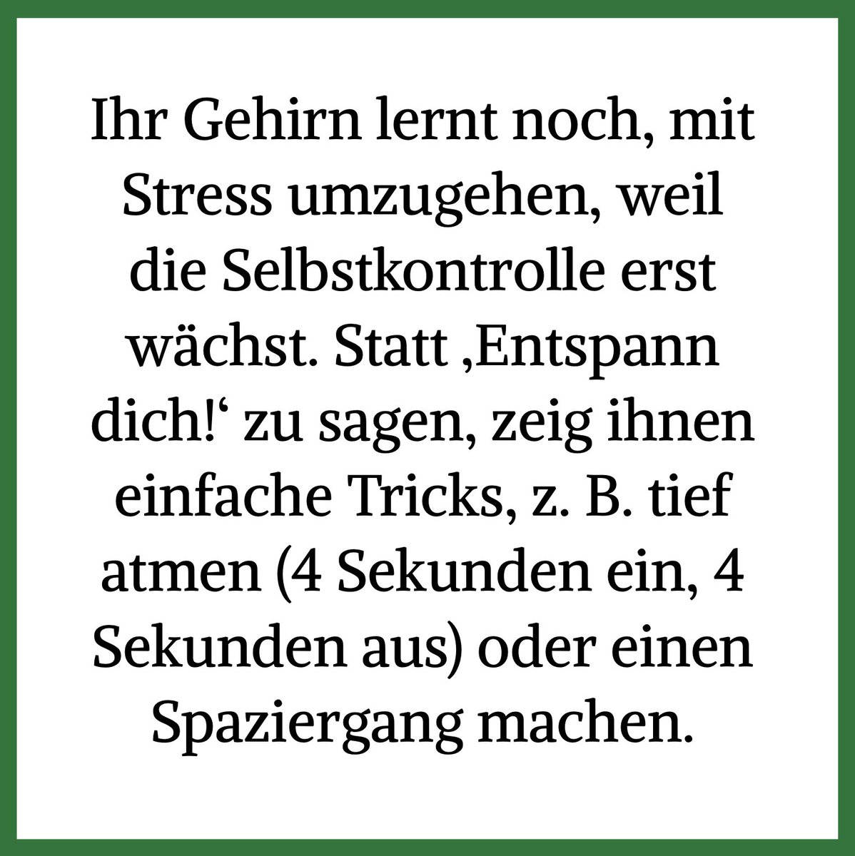 Michael2be79's tweet photo. Stress abbauen lernen!  

Teens sind oft gestresst – Schule, Freunde und Social Media setzen sie unter Druck. 😓 

Ihr Gehirn lernt noch, mit Stress umzugehen, weil die Selbstkontrolle erst wächst. 

Statt ‚Entspann dich!‘ zu sagen, zeig ihnen einfache Tricks, z. B. tief atmen (4 Sekunden ein, 4 Sekunden aus) oder einen Spaziergang machen. 

Mach es ihnen vor, z. B. indem ihr zusammen atmet oder abends spazieren geht. Frag auch: ‚Was hilft dir, wenn du gestresst bist?‘. 

Das zeigt Interesse und gibt ihnen Werkzeuge, um ruhig zu werden. So werden sie stressresistenter! 

#Entwicklungspsychologie #Elterncoaching #Teenager #Systemisch #SystemischeBeratung #Eltern #Familienleben #Familiencoaching #Familien #Beratung #Coaching #SystemischesCoaching