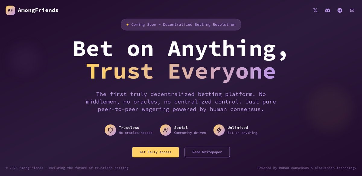 AmongFriends_io's tweet image. Just secured our official domain.
⚡️ amongfriends.xyz
The future of decentralized betting is now.
No oracles. No middlemen.
Just you, your friends, and the truth.
#Web3 #DeFi #dApp #Crypto #AmongFriends