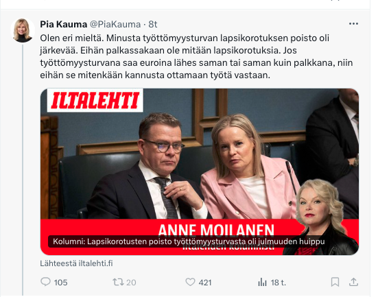 KorhonenMla's tweet photo. Nyt kyllä sanon tästä Kaumasta, että PERKELE! Ettäs kehtaa poroporvari! Työttömätkin ovat maksaneet työttömyysvakuutusmaksuja ja veroja turvan eteen, ei voi mitenkään verrata palkkaan tätä asiaa, ja, ei ole lähes sama ollenkaan, mistä haavemaasta tämä #PiaKauma on tipahtanut! https://t.co/HuxgjNnJrq