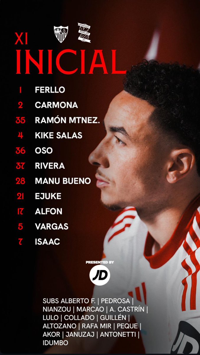 Edu Saniña (@14edusanina) on Twitter photo 🔴 Primer once del Pelado Almeyda en el <a href="/SevillaFC/">Sevilla Fútbol Club</a>.
🆕 Alfon debuta como nervionense en un once que, visto los nombres, se asemeja a un 1-4-2-3-1.
🔙 Vargas vuelve tras su lesión.
🆙 Ramón, Oso, Manu y Rivera, titulares en el estreno.
<a href="/ZonaMixta__/">Zona Mixta</a> 🔴 Primer once del Pelado Almeyda en el <a href="/SevillaFC/">Sevilla Fútbol Club</a>.
🆕 Alfon debuta como nervionense en un once que, visto los nombres, se asemeja a un 1-4-2-3-1.
🔙 Vargas vuelve tras su lesión.
🆙 Ramón, Oso, Manu y Rivera, titulares en el estreno.
<a href="/ZonaMixta__/">Zona Mixta</a>