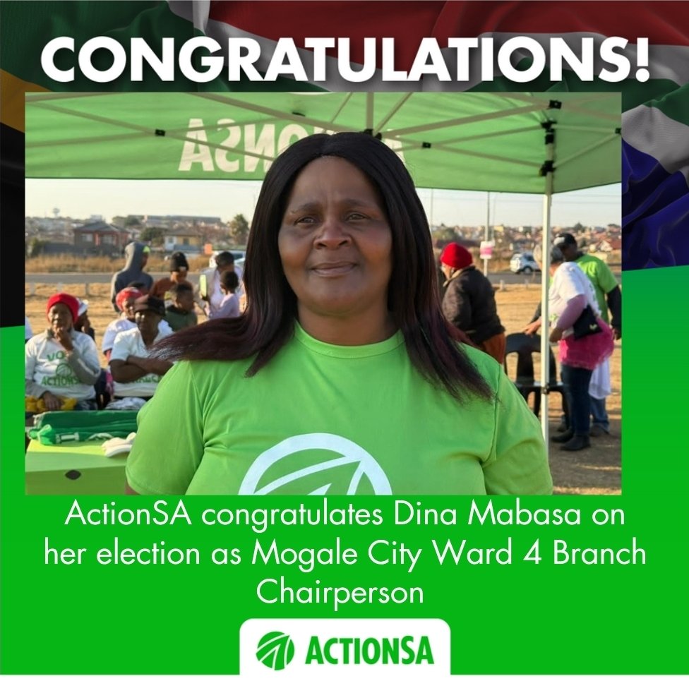 ActionSA_GP's tweet photo. Congratulations to Dina Mabasa on her election as Mogale City Ward 4 Branch Chairperson.
With her election, residents of the Ward can expect improved service delivery.
#GautengGettingGreener https://t.co/13tPrabk3e