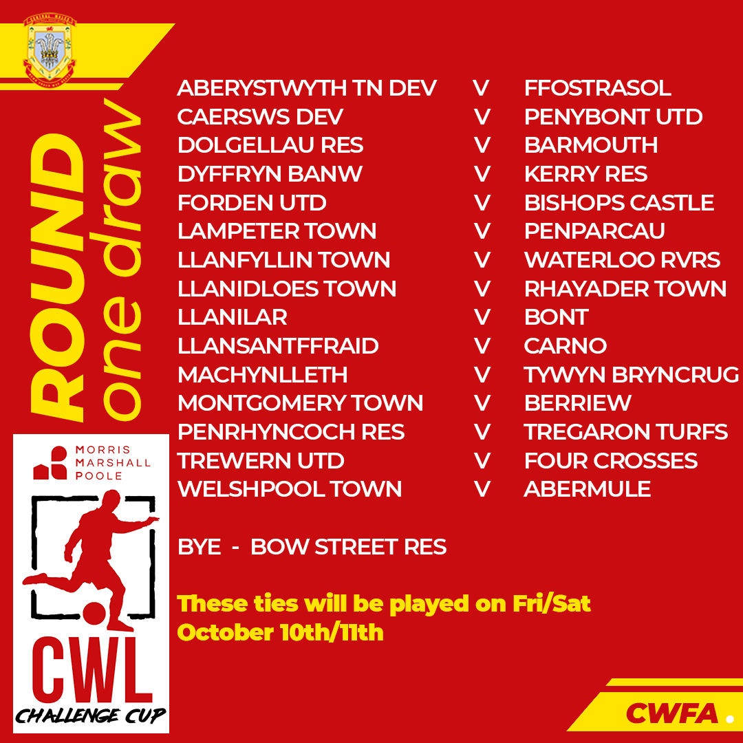 Central Wales FA (@centralwalesfa) on Twitter photo The draw for the first round of the <a href="/MMPestateagents/">Morris Marshall</a> Central Wales League Challenge Cup has been made with some interesting looking ties to look forward too #CWFA The draw for the first round of the <a href="/MMPestateagents/">Morris Marshall</a> Central Wales League Challenge Cup has been made with some interesting looking ties to look forward too #CWFA