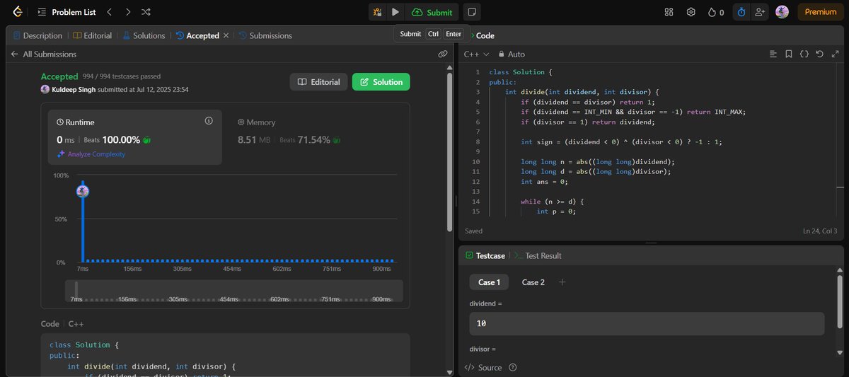 romanrpm097's tweet photo. ✅ Day 54 of #100DaysOfCode
Solved 1 LeetCode challenge today!
🔹 Divide Two Integers (Bit Manipulation & Edge Case Handling)
#LeetCode #DSA #ProblemSolving #BitManipulation #EdgeCases #vitbhopal #DrGVishwanathan https://t.co/H7XNShwAZm