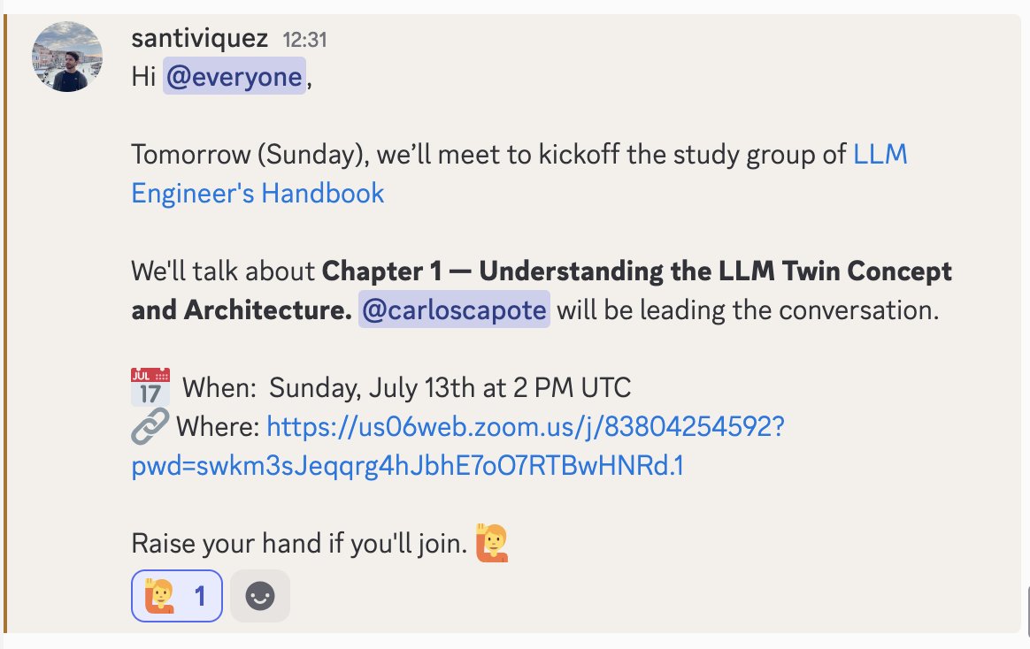 santiviquez's tweet image. AI from Scratch folks.
We’ll meet tomorrow Sunday at 2 PM UTC to kickstart the study group of the book: LLM Engineer's Handbook
See you there!
Event link: discord.gg/WVfxabfrwK?eve…