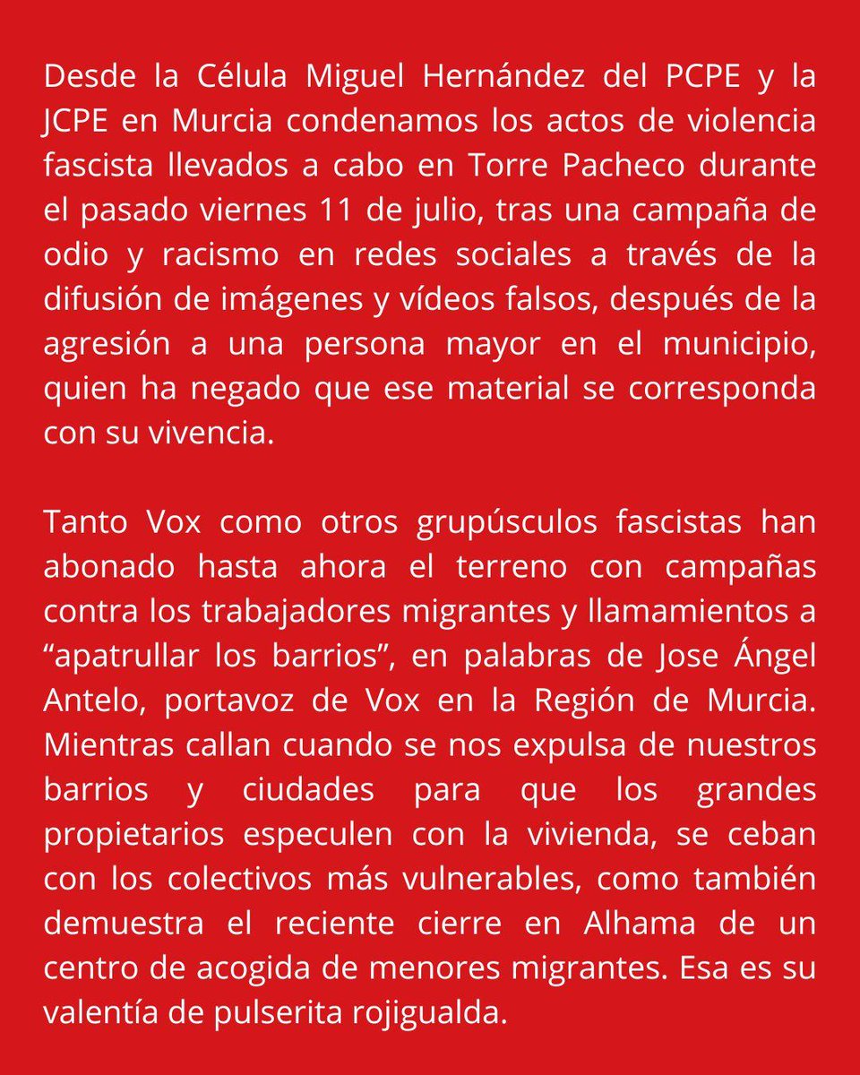 PCPE_Comunista's tweet photo. MURCIA I Comunicado de la célula Miguel Hernández del PCPE ante la violencia fascista en #TorrePacheco y el resto de la Región de Murcia. Organización del pueblo trabajador‼️✊🚩 https://t.co/OmGpZBm08z