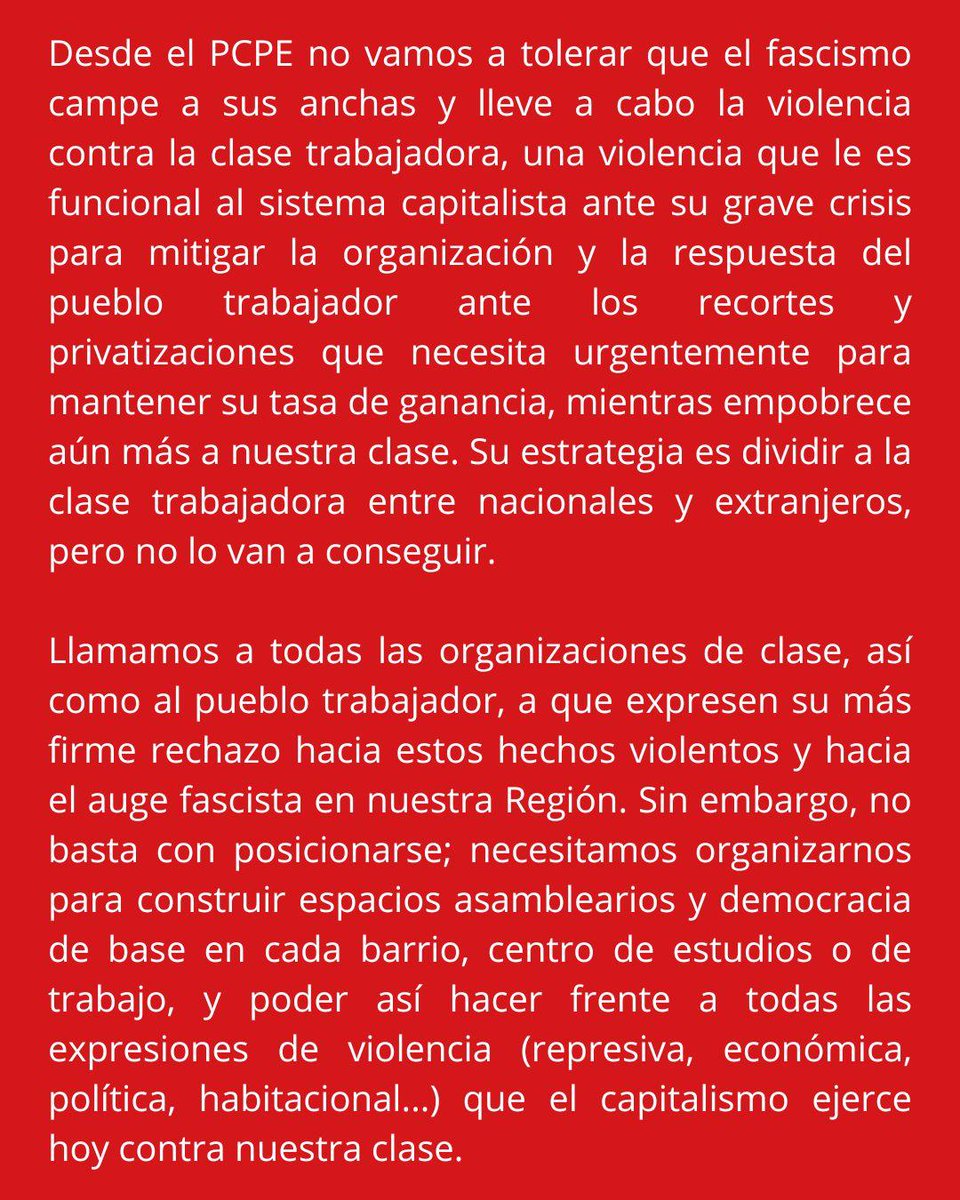 PCPE_Comunista's tweet photo. MURCIA I Comunicado de la célula Miguel Hernández del PCPE ante la violencia fascista en #TorrePacheco y el resto de la Región de Murcia. Organización del pueblo trabajador‼️✊🚩 https://t.co/OmGpZBm08z