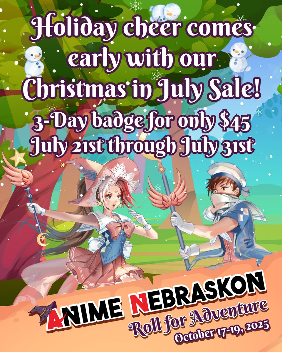Get into the holiday spirit early with our Christmas in July Sale! For a limited time, get a 3-day badge to Anime NebrasKon for just $45. Offer valid July 21–31. Don’t miss this chance to enjoy all the excitement—mark your calendar and grab this deal before it’s gone.