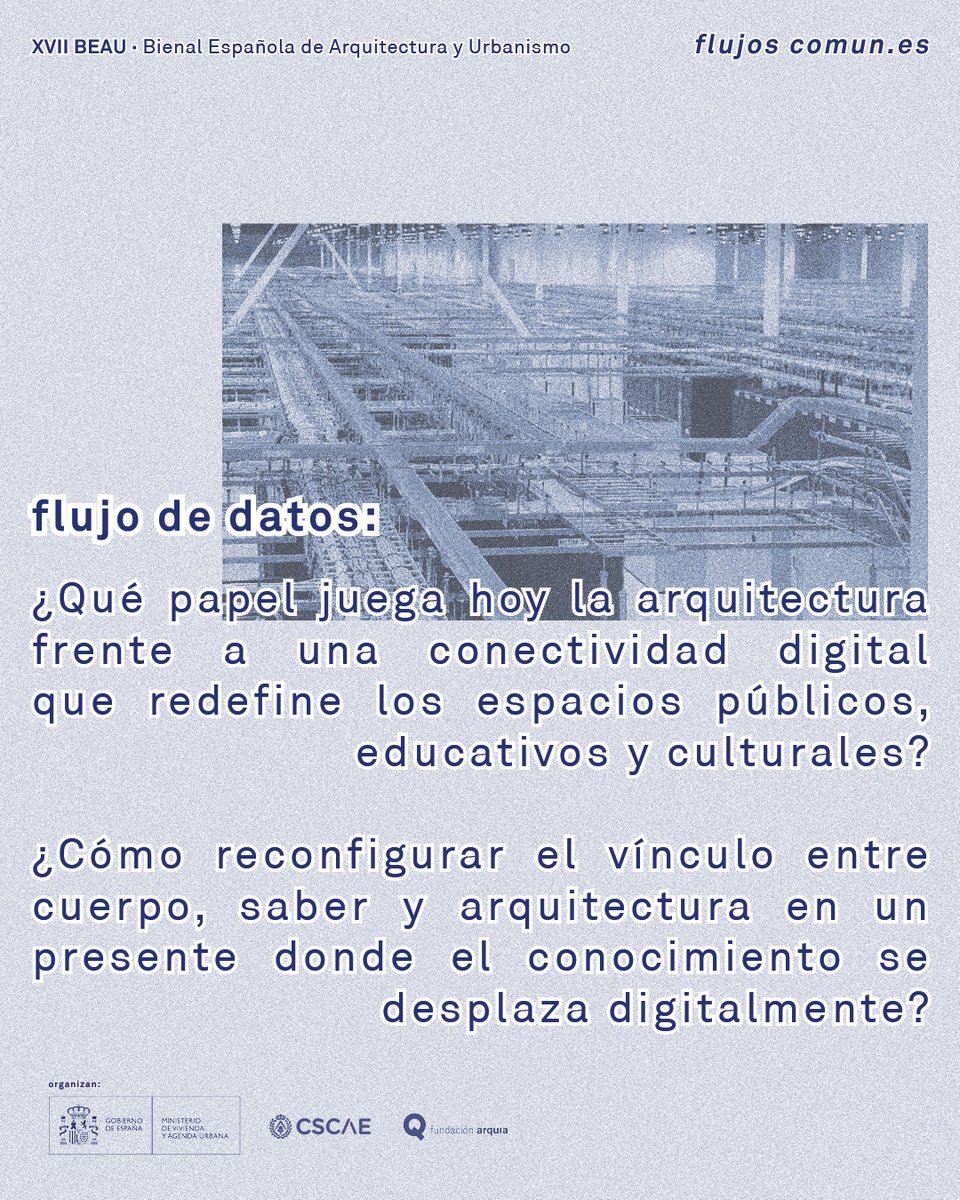 📊 El flujo de datos explora cómo la digitalización transforma espacios públicos, educativos y culturales.

En la #XVIIBEAU se buscan proyectos que integren conectividad e inteligencia distribuida en entornos que amplían lo físico desde lo digital.

ℹ️​ bit.ly/convocatoria-x…