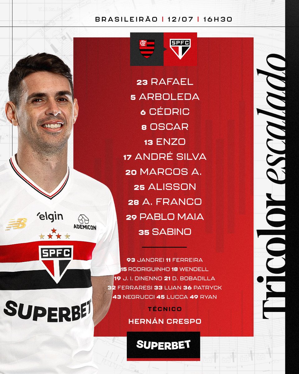 SaoPauloFC's tweet photo. 🇾🇪 O Tricolor está escalado! 

⚽️ Flamengo x São Paulo
🏟️ Maracanã
📍 Rio de Janeiro
⏰ 16h30 
🏆 Brasileirão 

📺 Globo e Premiere 
🎙️ SPFC Play

#VamosSãoPaulo 🇾🇪 https://t.co/omZRVJ0n1N