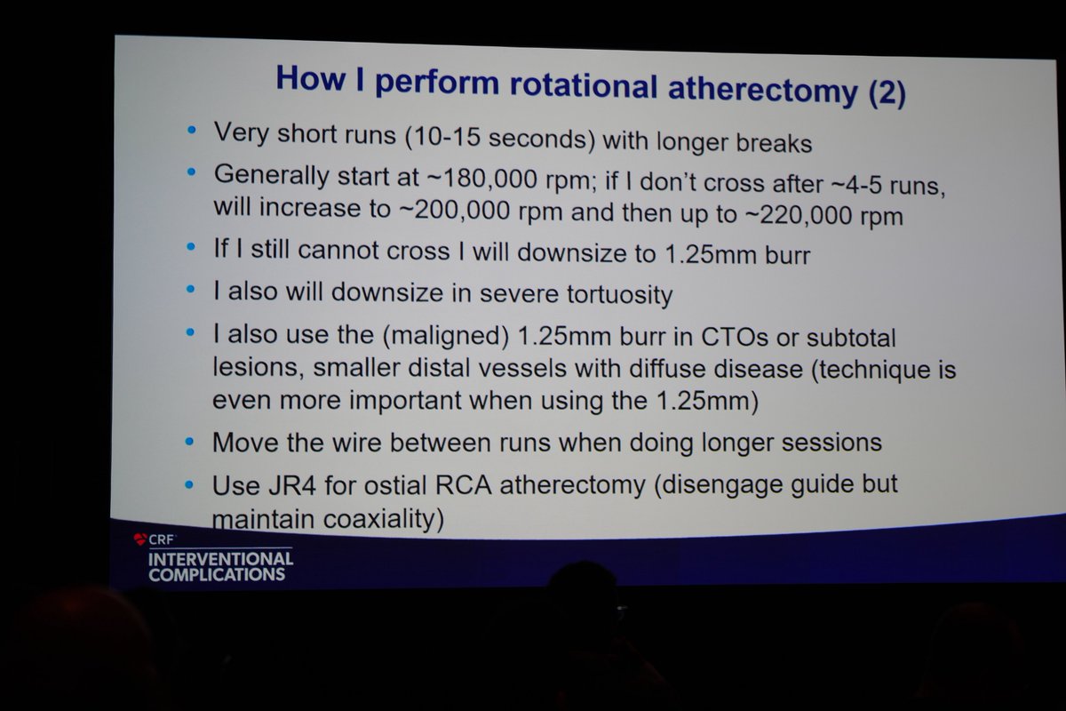 HassanOgran's tweet photo. Rotational Atherectomy – Practical Pearls
Presented by Dr. Yousif Ahmad at #CompCourse2025 @crfheart :
• Use floppy Rota wire
• Wire with workhorse + microcatheter, then exchange
• Give distal vasodilators before burr
• 1.5 mm burr in ~90% of cases
• Short runs: 10–15 sec at 180K rpm (can go up to 220K)
• Avoid temp pacer in most RCA/LCx cases