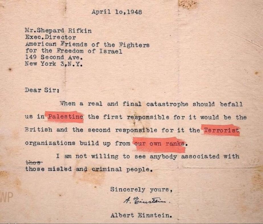 SamiAlArian's tweet image. Zionism has always used terror and violence to implement its program and achieve its goals of emptying out Palestine from its indigenous people, the Palestinians.
Here is a letter written by Albert Einstein, one day after the bloody Deir Yasin massacre in April 1948 where over…