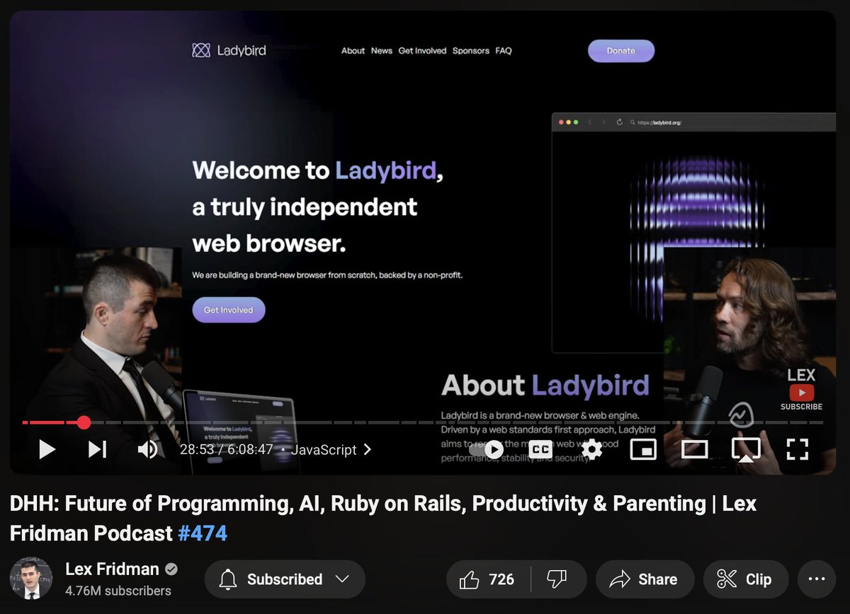 awesomekling's tweet image. Thanks for the @ladybirdbrowser shoutout boys! 💜 @dhh @lexfridman
