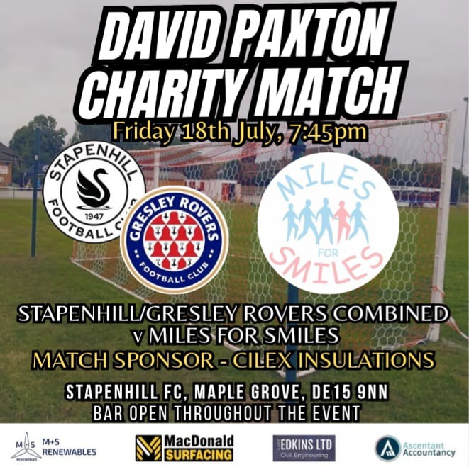 ๐๐ฉ๐๐ฅ๐๐ฃ๐๐๐ก๐ก ๐๐พ โฝ๏ธ (@stapenhillfc1) on Twitter photo FRIDAY NIGHT FUNDRAISING MATCH | The players of Stapenhill and Gresley Rovers are getting together to raise funds for David Paxton's treatment costs. With the help of the brilliant <a href="/Milesforsmiles5/">Miles for smiles</a>, this is a show of solidarity as football and the local community comes together FRIDAY NIGHT FUNDRAISING MATCH | The players of Stapenhill and Gresley Rovers are getting together to raise funds for David Paxton's treatment costs. With the help of the brilliant <a href="/Milesforsmiles5/">Miles for smiles</a>, this is a show of solidarity as football and the local community comes together