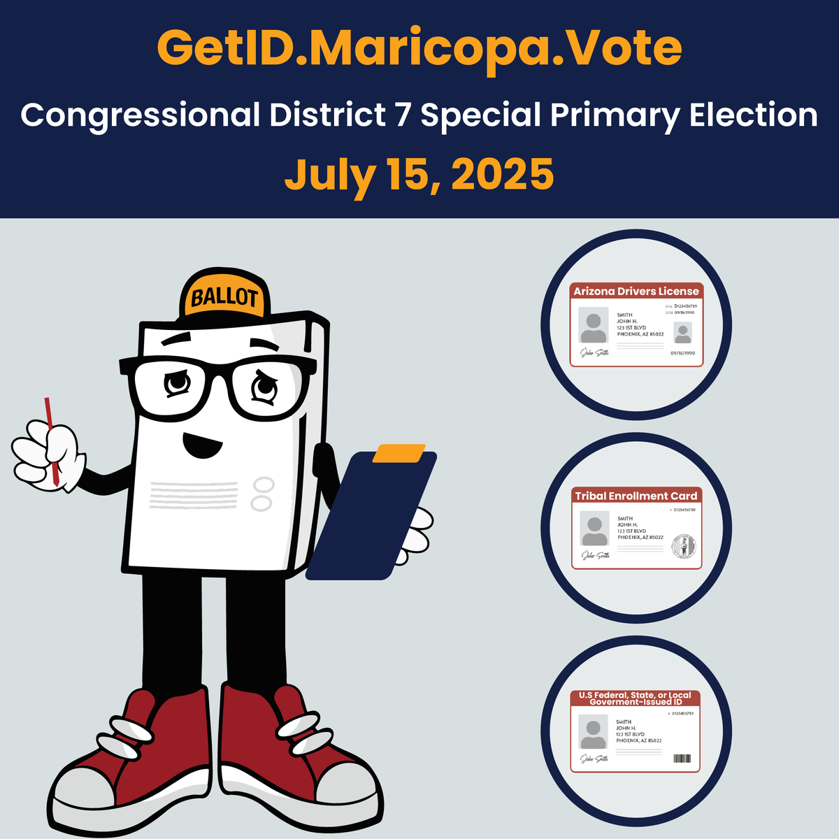 MaricopaVote's tweet image. Not sure if you live in Congressional District 7 and can vote in the Special Primary Election? Visit BeBallotReady.Vote to check your eligibility before the election on July 15, 2025!