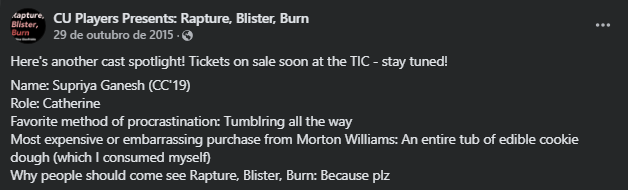 supriyaganeshbr's tweet image. Em ação p/ trazer destaque p/ membros do elenco da peça "Rapture, Blister and Burn" em 2015, Supriya afirma que seu jeito favorito de procrastinar é ficar no Tumblr, e sua compra mais cara e vergonhosa do mercado foi um pote de massa comestível de biscoito que ela devorou sozinha